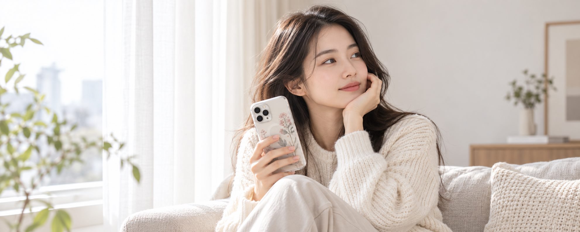 Young woman holding an unbranded phone with a botanical clear case in a bright home
