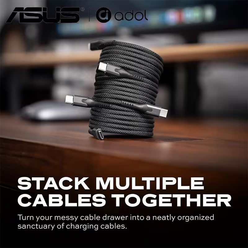 Two MagStack cables stacked together on a wooden desk, magnetic coiling