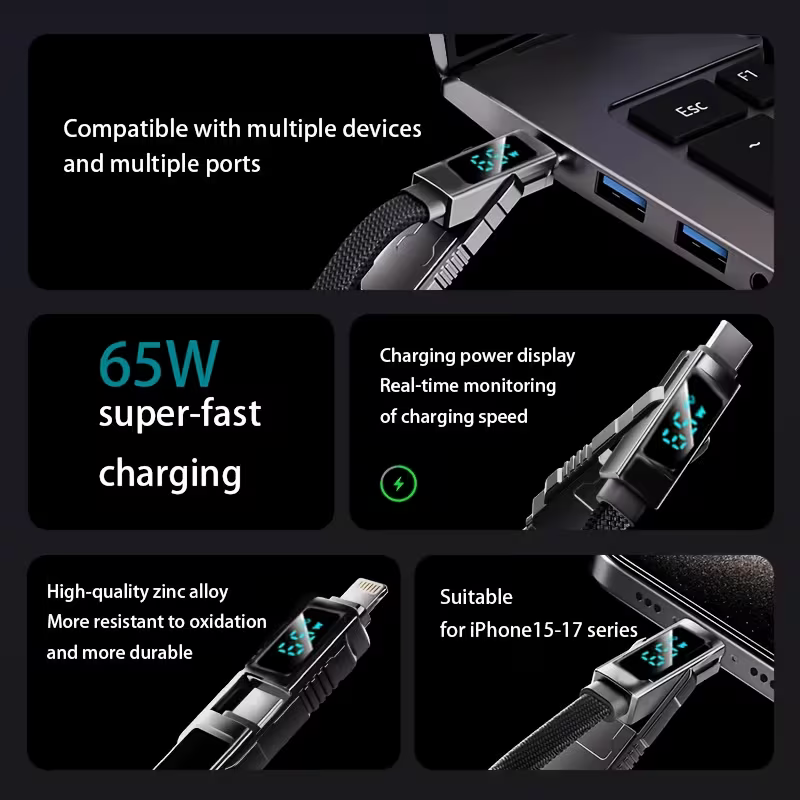 Five selling points: multi-device compatibility, 65W fast charging, LED power display, zinc alloy, iPhone 15-17