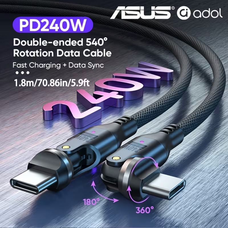 ASUS adol 540° rotating USB-C cable, black braided, 1.8 m, purple-blue lighting