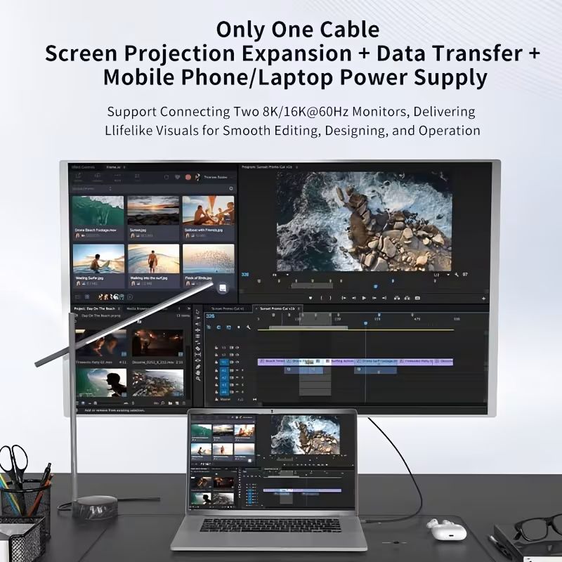 Only one cable: dual 8K displays on a laptop during video editing