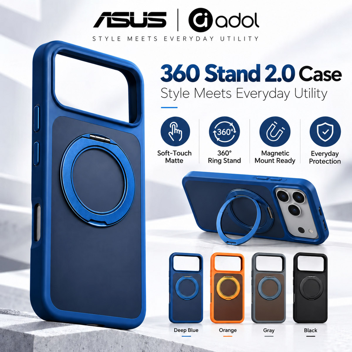ASUS adol 360° Stand 2.0 Case — soft-touch matte finish, 360° ring stand and magnetic mount
