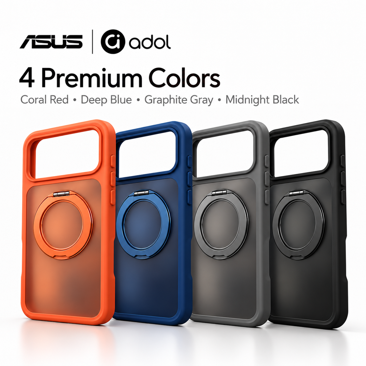 360° Stand 2.0 Case in four colors — Coral Red, Deep Blue, Graphite Gray and Midnight Black