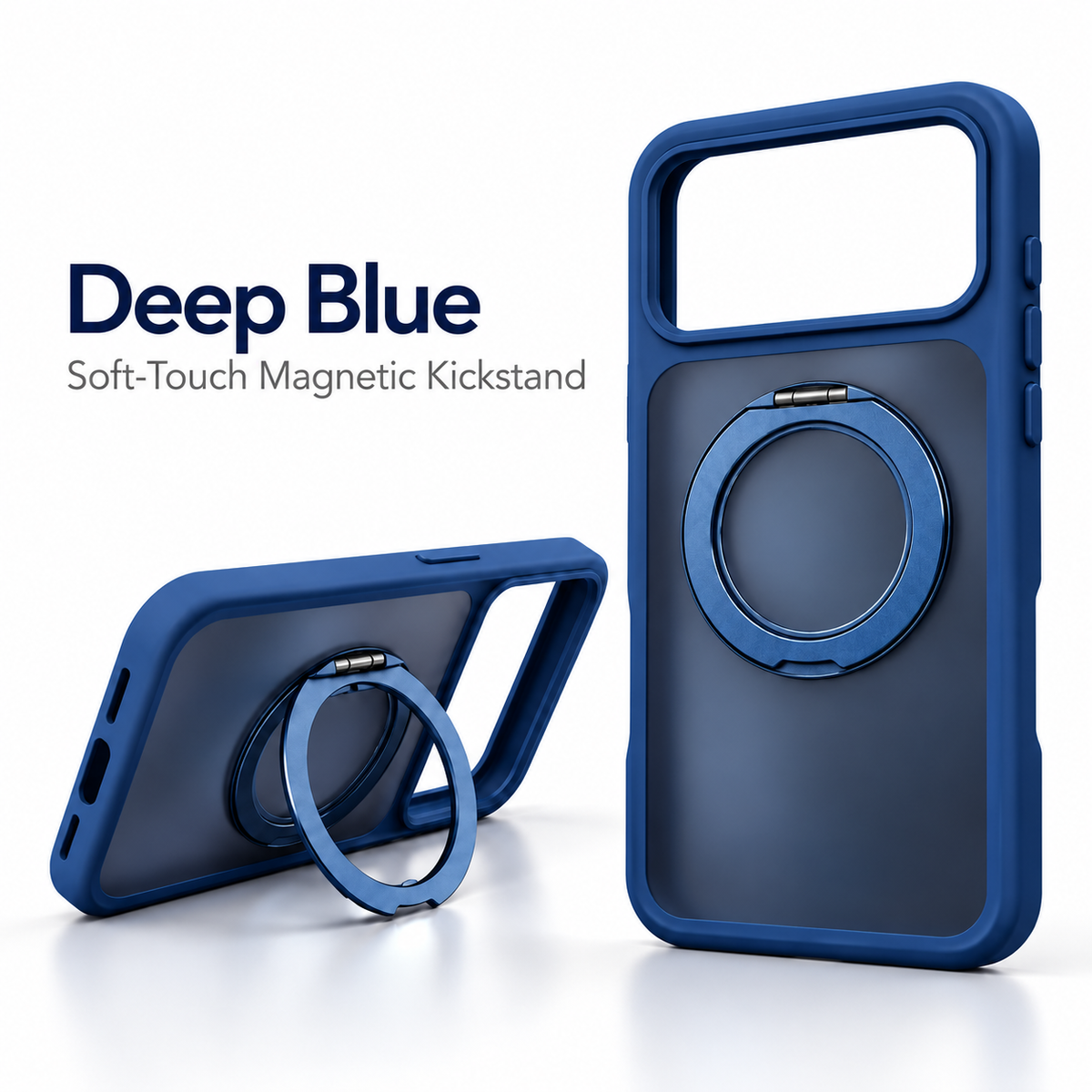 Deep Blue 360° Stand 2.0 Case — soft-touch matte finish with rotating ring stand