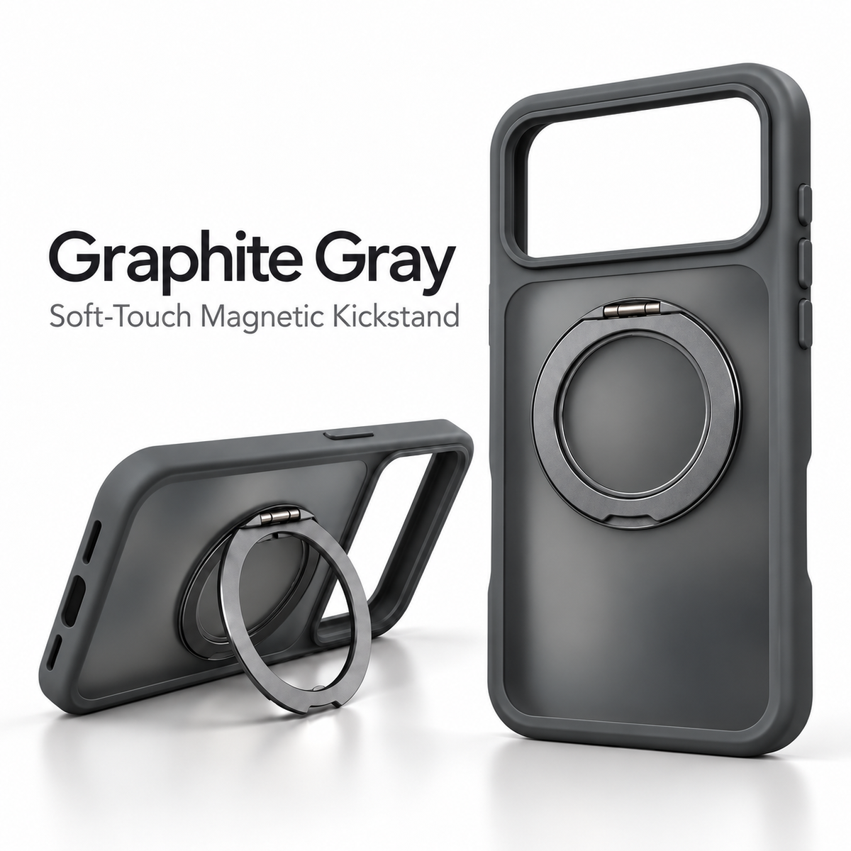 Graphite Gray 360° Stand 2.0 Case — soft-touch matte finish with rotating ring stand
