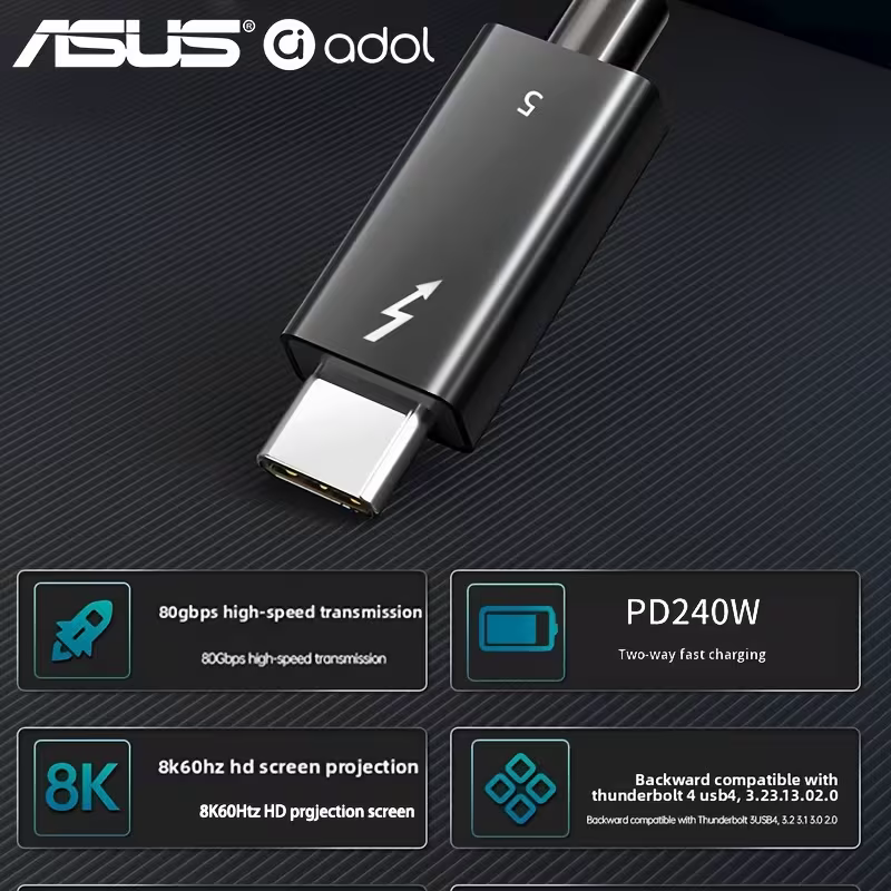Thunderbolt 5 connector close-up with 80Gbps, PD240W, 8K60Hz and backward-compatibility specs