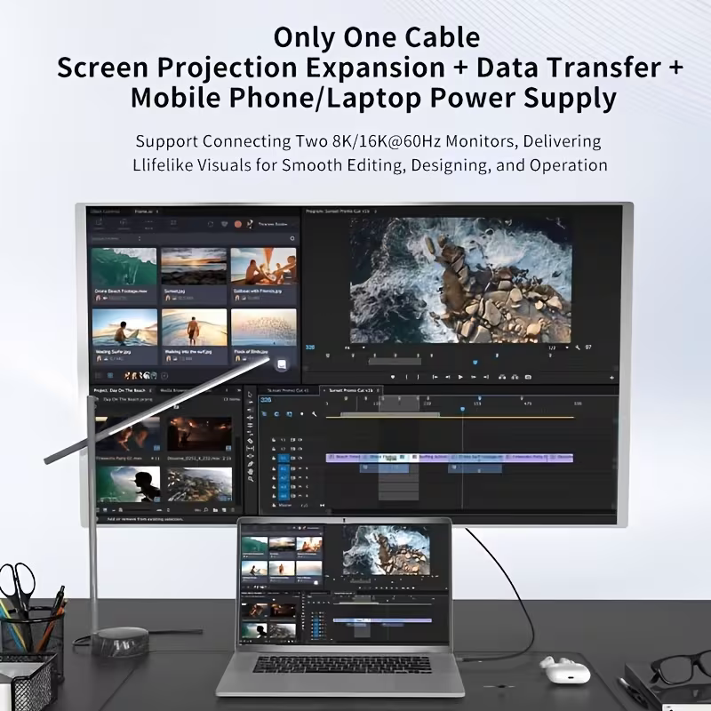 Only one cable: dual-display workstation with video editing, plus data and power