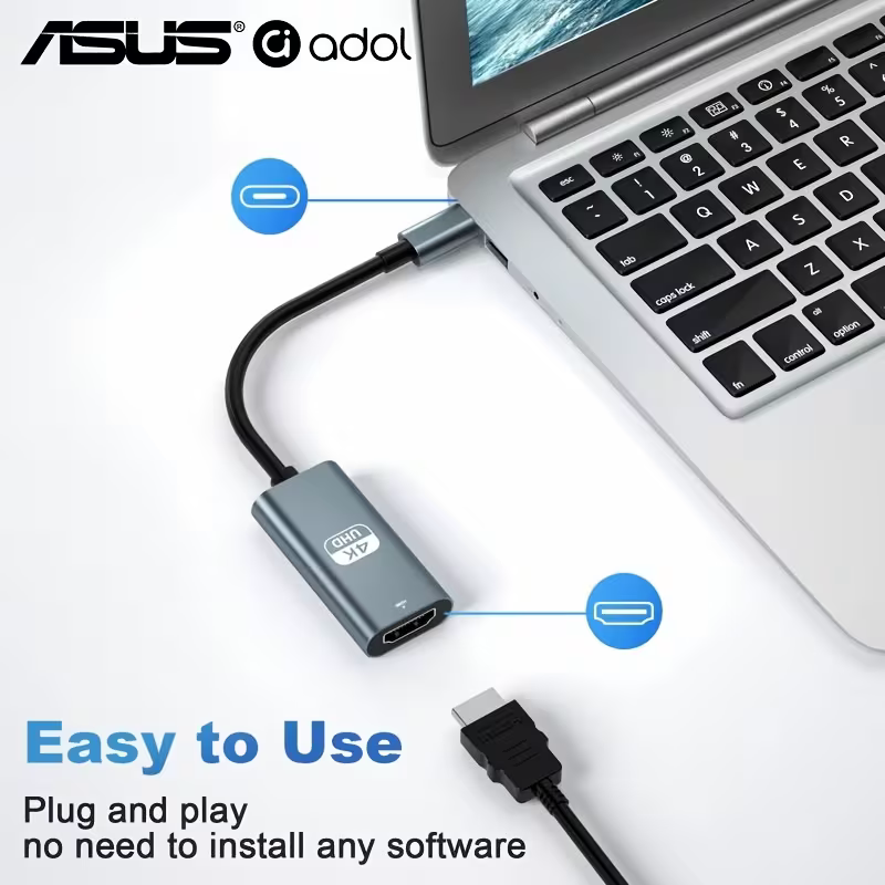 Adapter plugged into a laptop USB-C port with an HDMI cable attached, plug and play