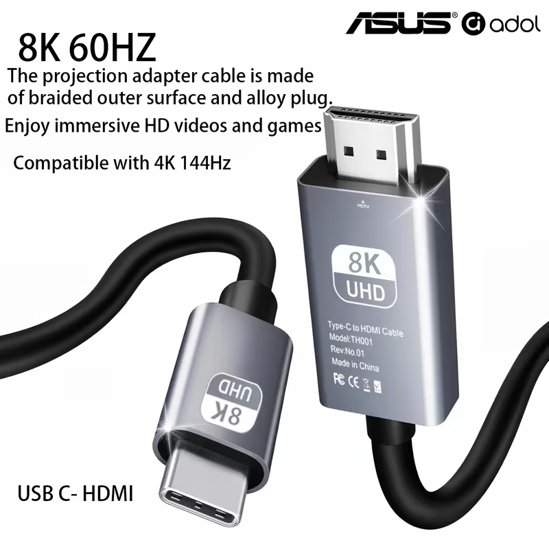 Close-up of the USB-C and HDMI connectors, silver metal housings on a braided cable