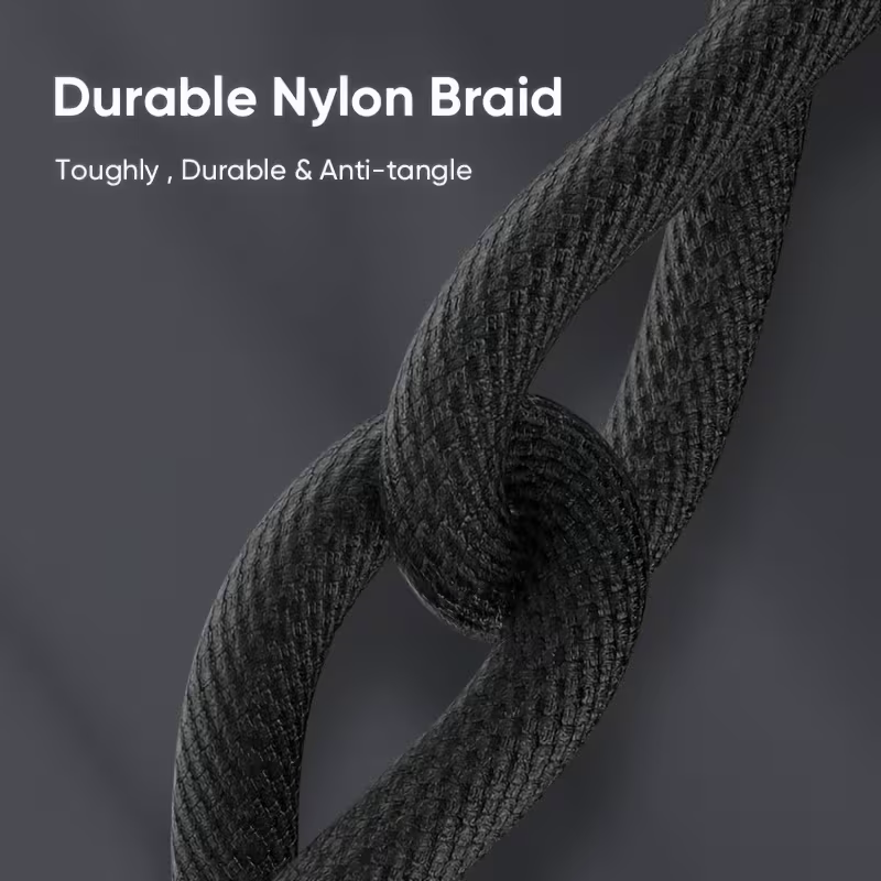 Durable nylon braid, anti-tangle, tied in a knot to show flexibility
