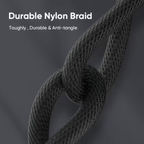 Durable nylon braid, anti-tangle, tied in a knot to show flexibility