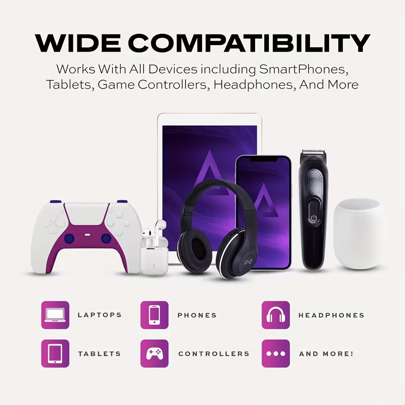 Wide compatibility: laptop, tablet, phone, earbuds, game controller and more