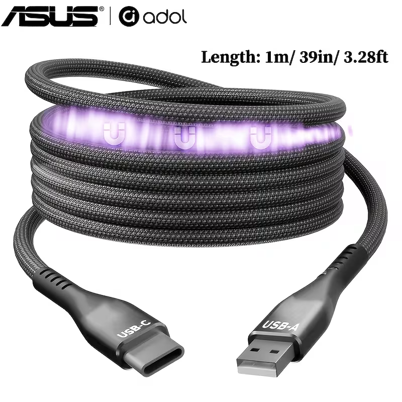 MagStack cable coiled, USB-C to USB-A, length marked 1 m / 39 in / 3.28 ft