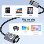 Plug and play diagram: phone, laptop and tablet connecting to a TV and projector