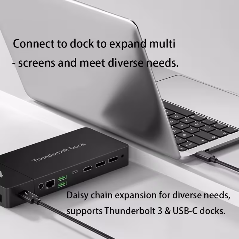 Thunderbolt dock connected to a laptop for multi-screen and daisy-chain expansion
