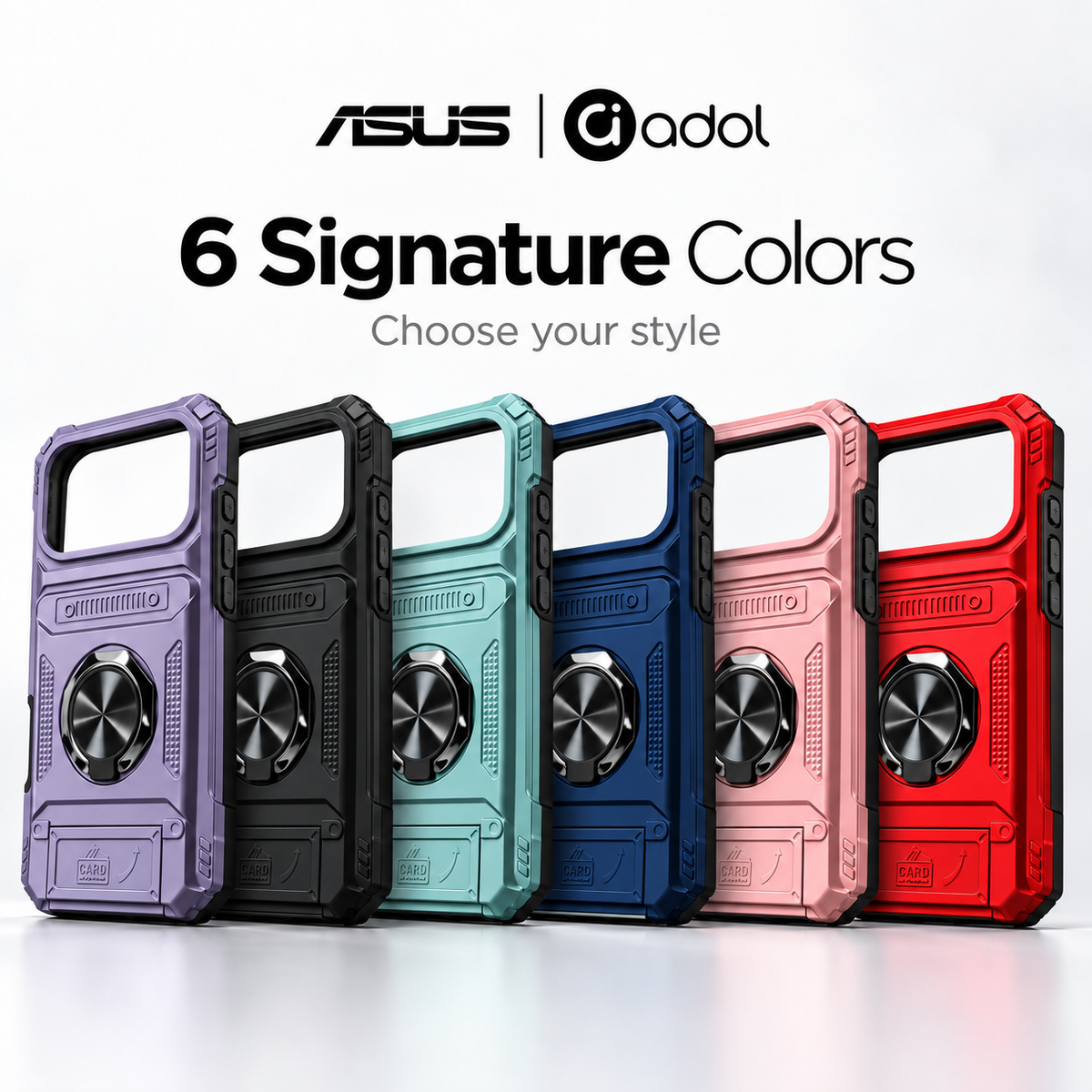 ASUS adol Rugged Ring Card Case for iPhone in six colors — Black, Red, Blue, Rose Gold, Mint Green and Purple