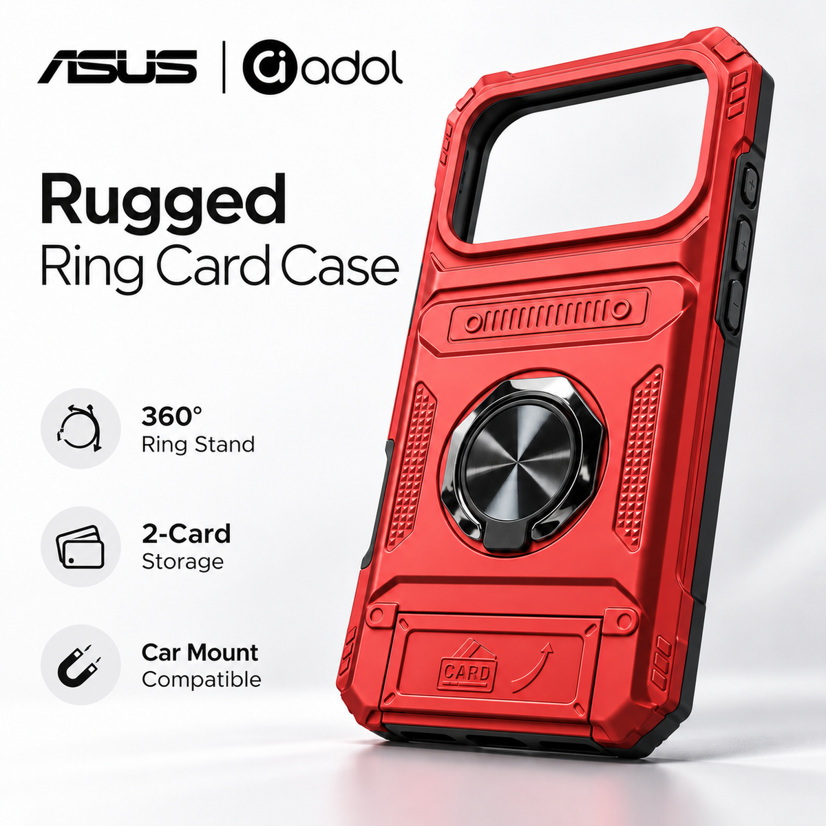 ASUS adol Rugged Ring Card Case in red — 360° ring stand, 2-card storage and car mount compatible