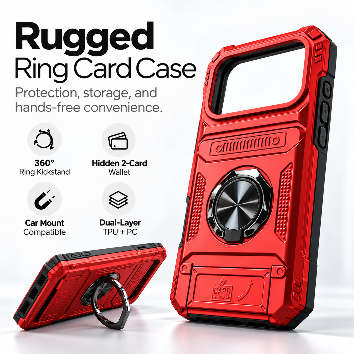 Rugged Ring Card Case features — 360° ring kickstand, hidden 2-card wallet, car mount compatibility and dual-layer TPU + PC