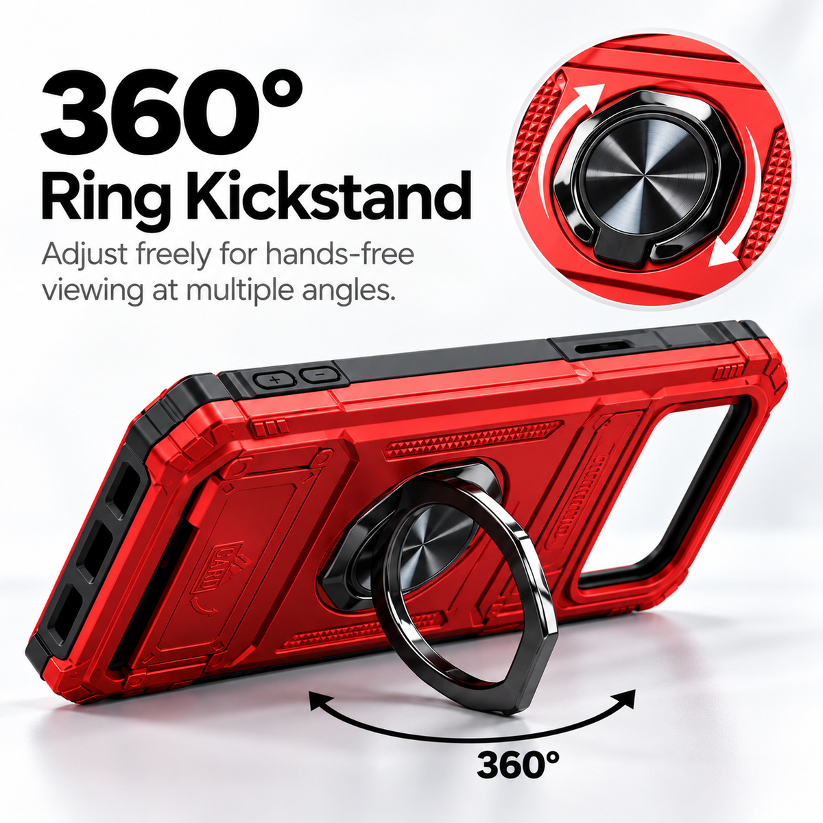 360° zinc-alloy ring kickstand adjusted for hands-free viewing at multiple angles