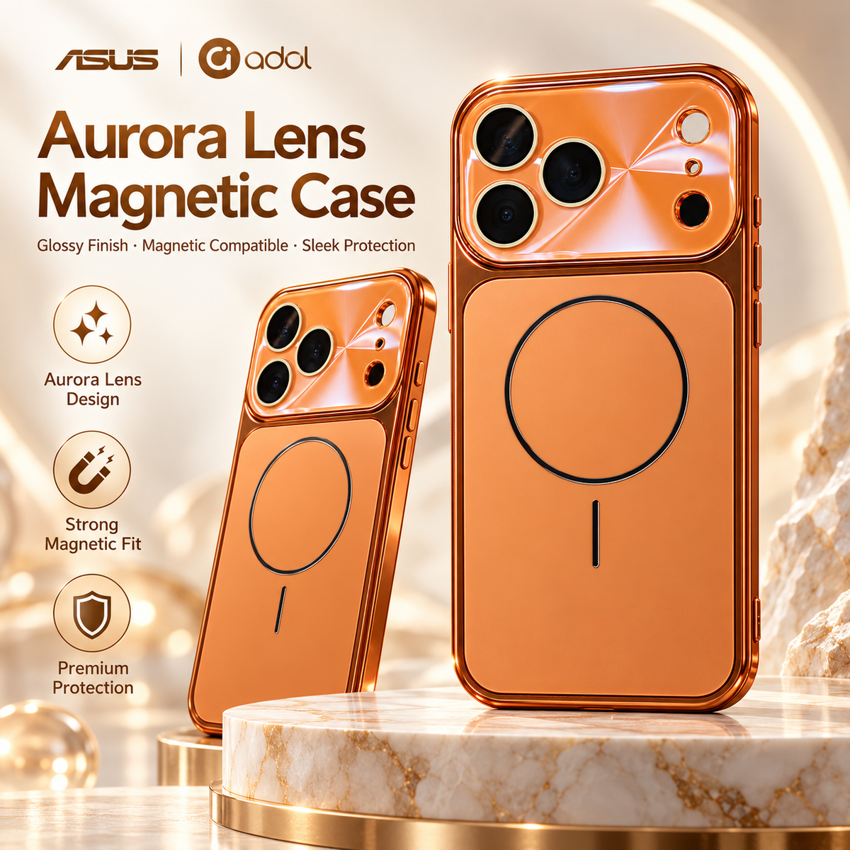 ASUS adol Aurora Lens Magnetic Case in Orange — glossy electroplated frame and aurora camera plate