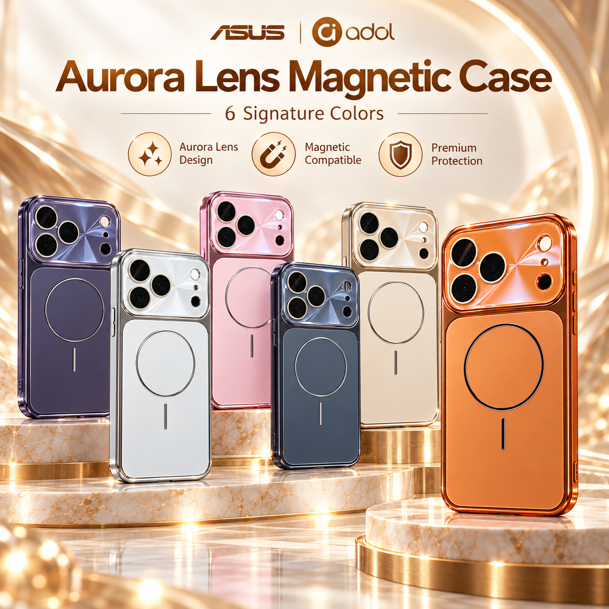 Aurora Lens Magnetic Case in six colors — Purple, Silver, Pink, Navy, Beige and Orange