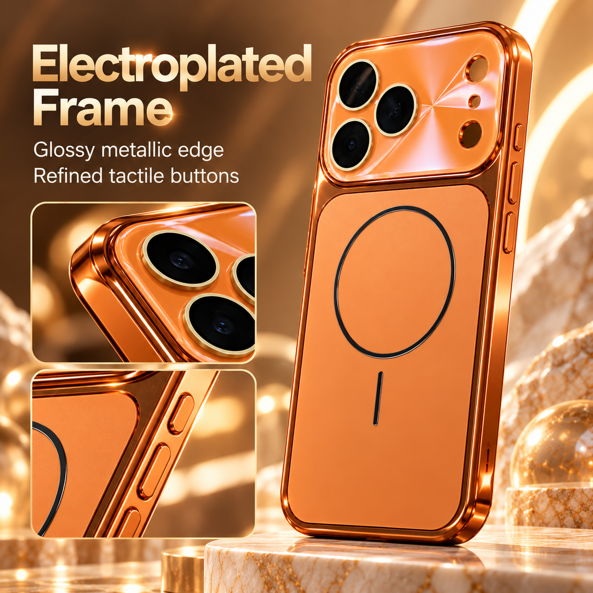 Electroplated frame — glossy metallic edge and tactile buttons