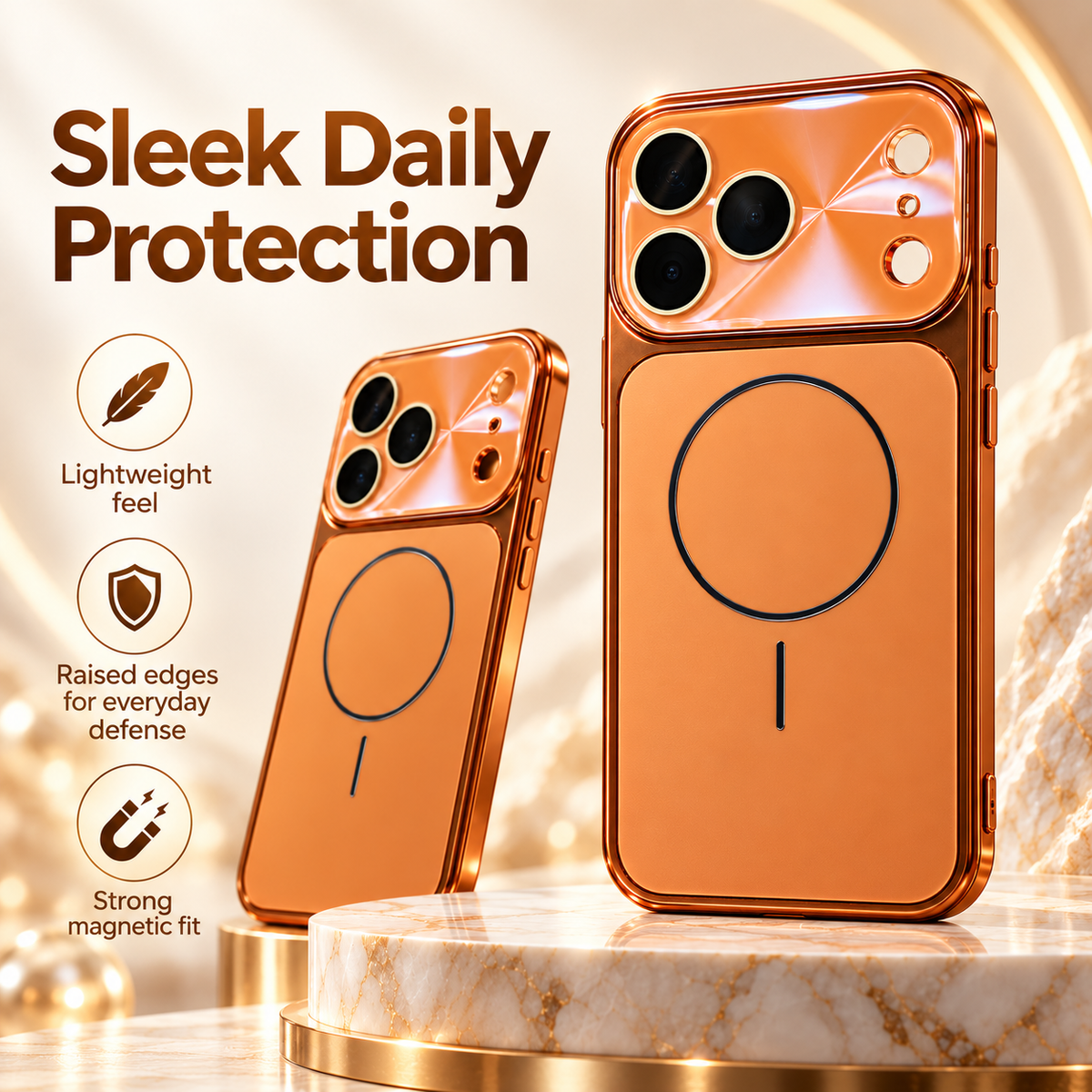 Sleek daily protection — lightweight feel, raised edges and strong magnetic fit