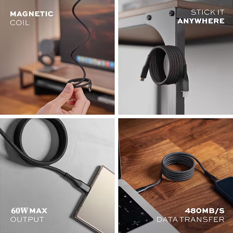 Four points: magnetic coil, stick it anywhere, 60 W output, 480 MB/s data transfer