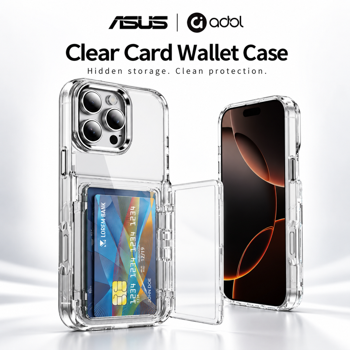 ASUS adol Clear Card Wallet Case for iPhone with hidden 2-card wallet and right-side flip cover