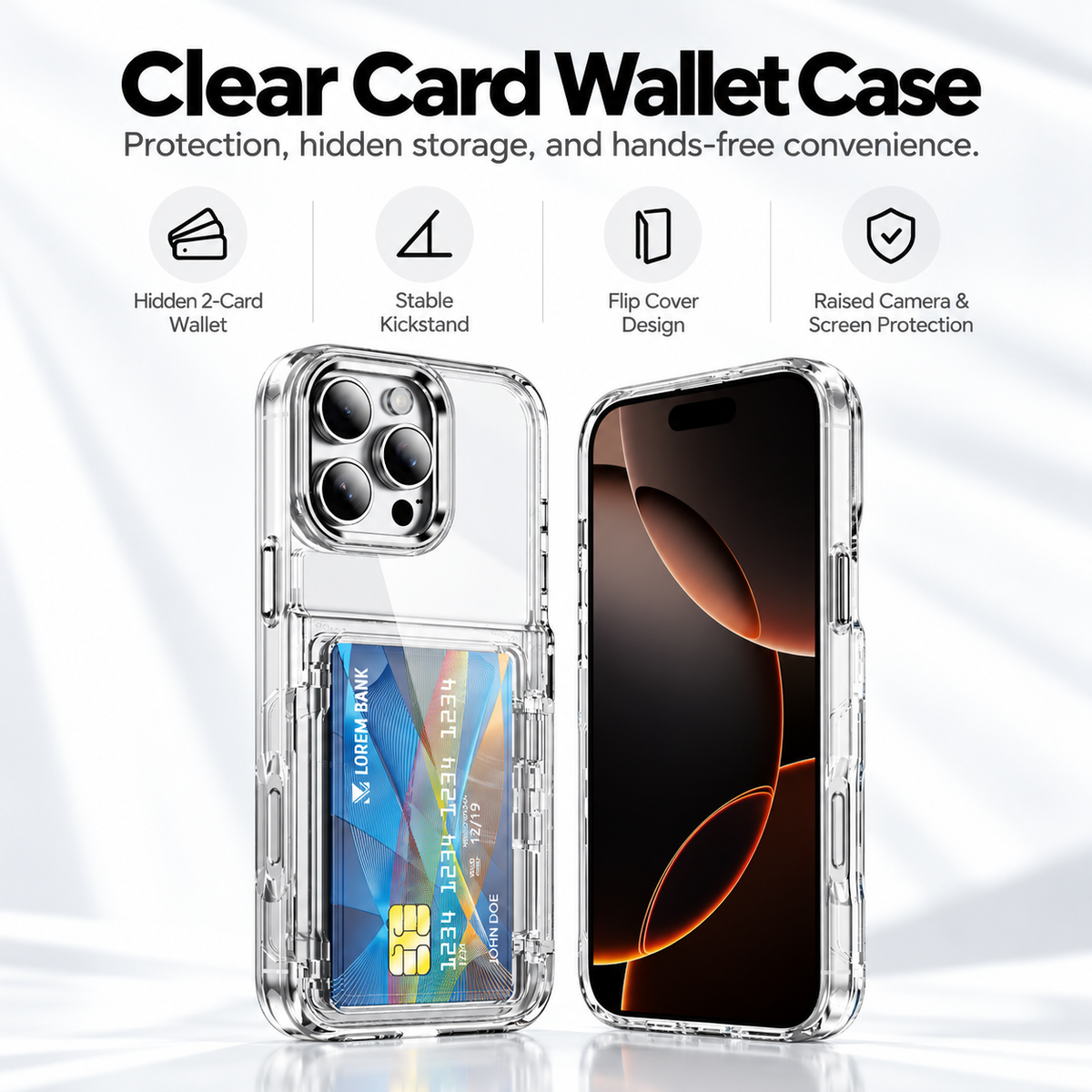 Clear Card Wallet Case with hidden 2-card wallet, stable kickstand, flip cover and raised camera protection