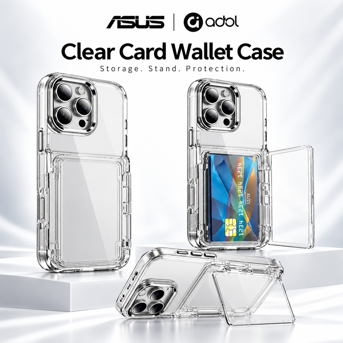 Clear Card Wallet Case showing hidden card storage, kickstand and everyday protection