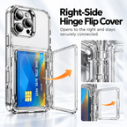 Right-side hinge flip cover open with a card inside, showing the clear case and screen view