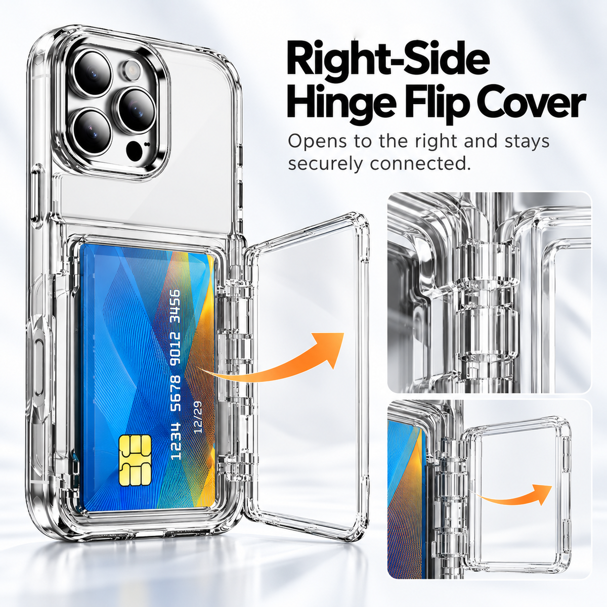 Right-side hinge flip cover open with a card inside, showing the clear case and screen view