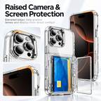 Raised camera and screen protection with elevated edges on the clear card wallet case
