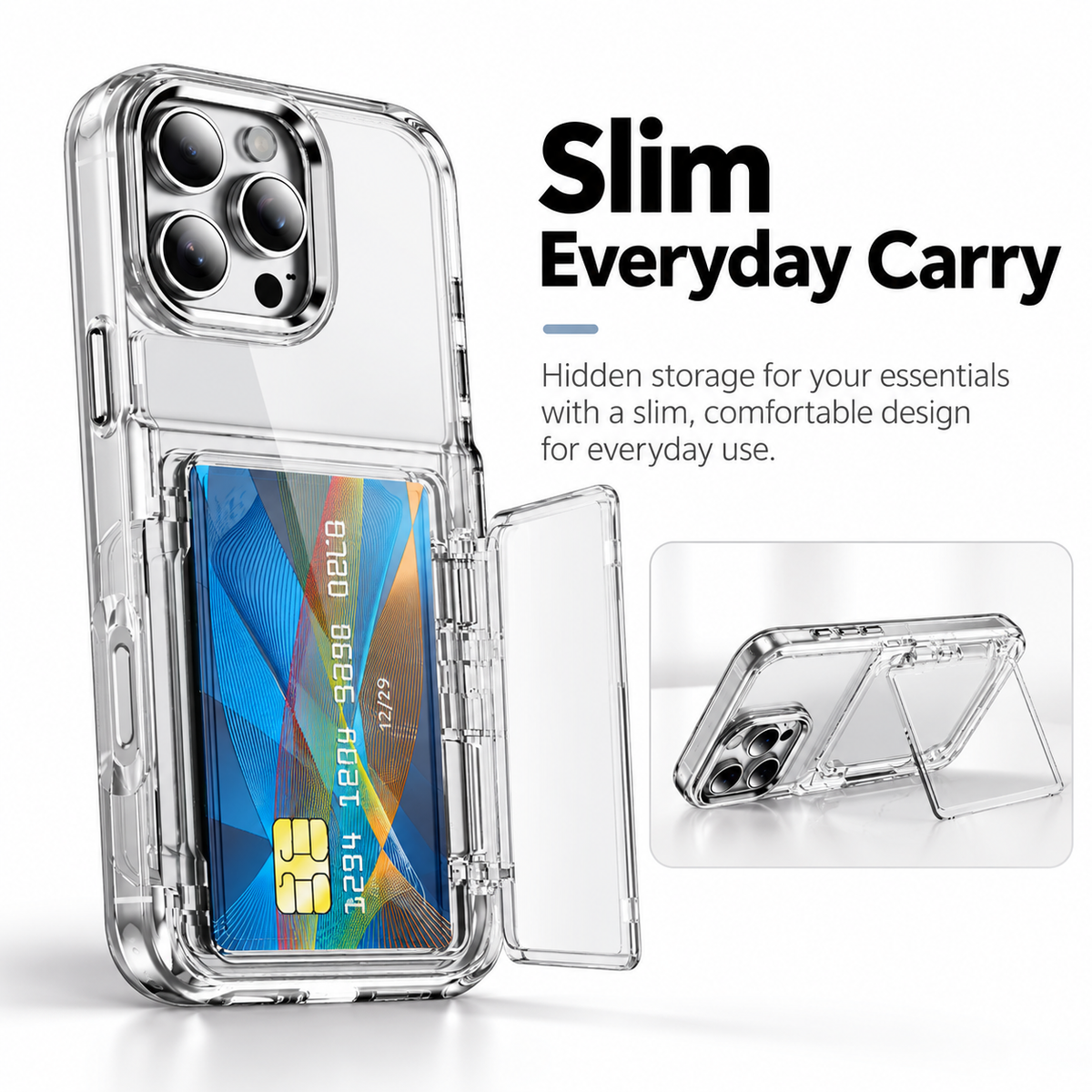 Slim everyday carry with hidden card storage and built-in kickstand
