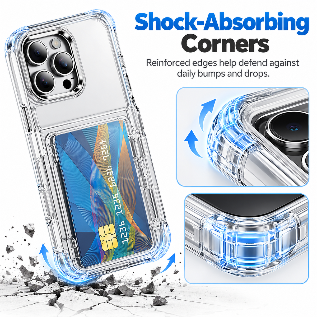 Shock-absorbing reinforced corners on the clear card wallet case