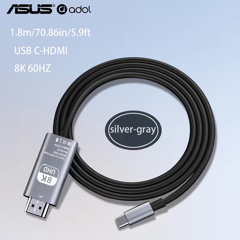 ASUS adol 8K USB-C to HDMI cable, second angle, silver-grey braided