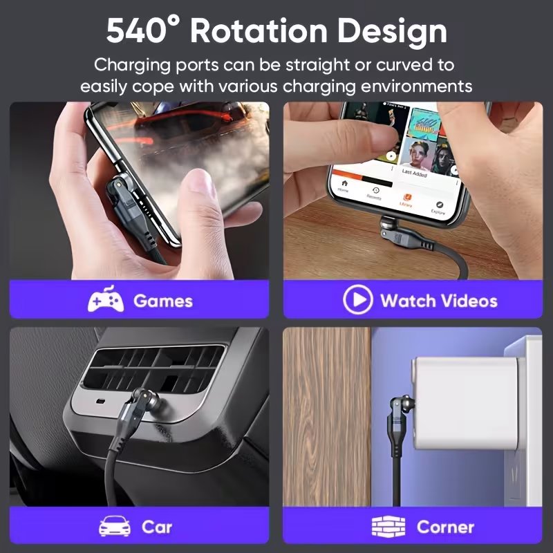 Four uses of the 540° design: gaming, watching video, in-car vent, awkward corner socket