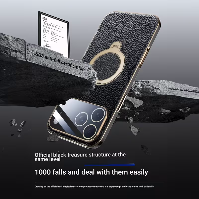 ASUS adol Ultra-Thin Drop-Proof Leather Case for iPhone 17 / 17 Pro / 17 Pro Max — Black lychee texture, view 5
