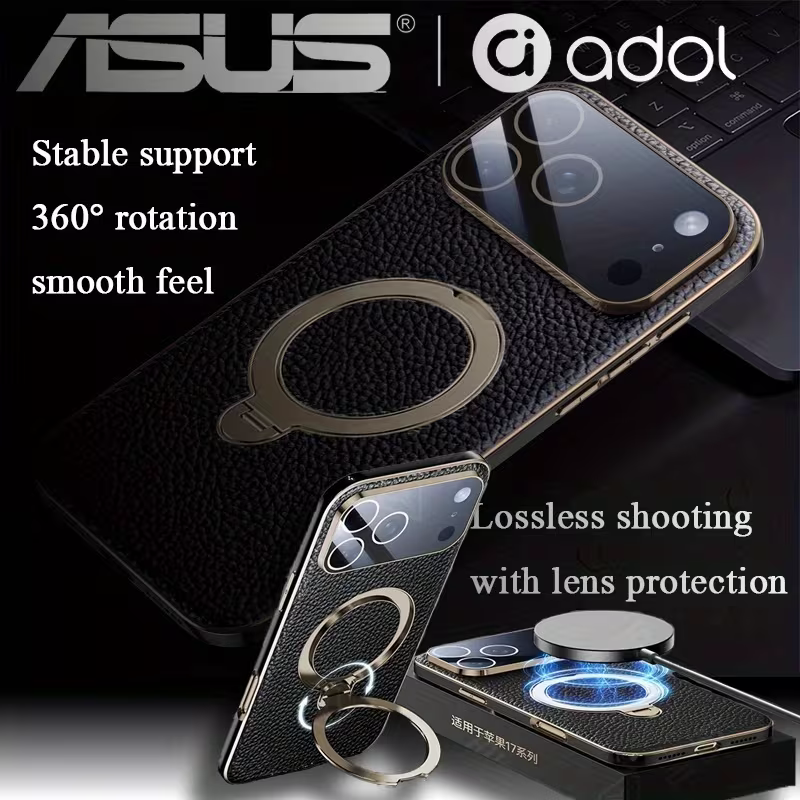 ASUS adol Ultra-Thin Drop-Proof Leather Case for iPhone 17 / 17 Pro / 17 Pro Max — Black lychee texture, view 12