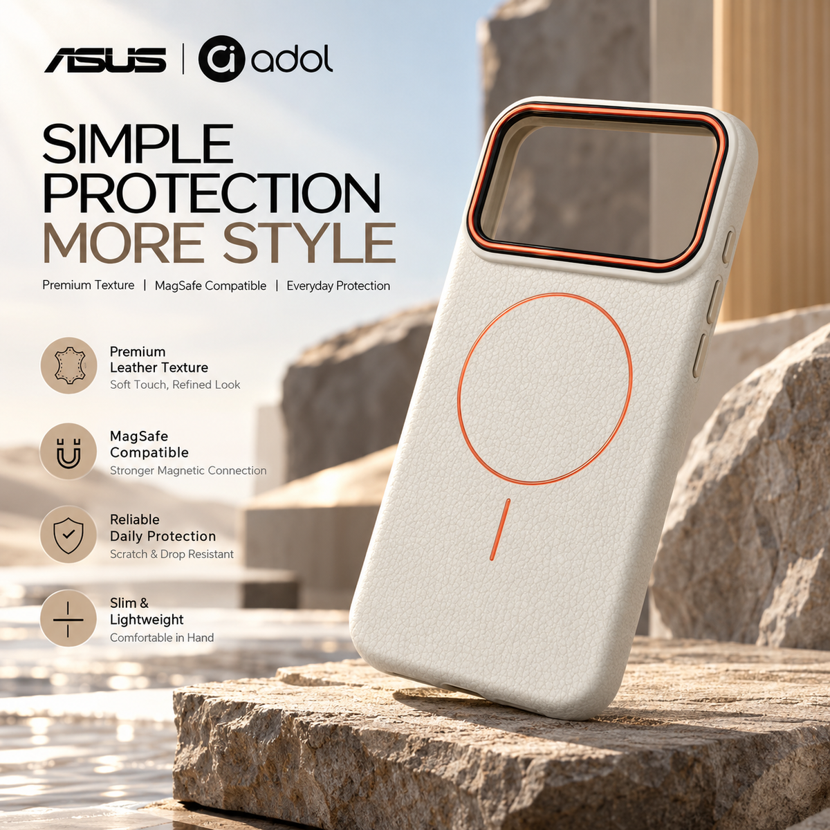 ASUS adol Matte Leather MagSafe Case for iPhone — premium leather texture with MagSafe protection