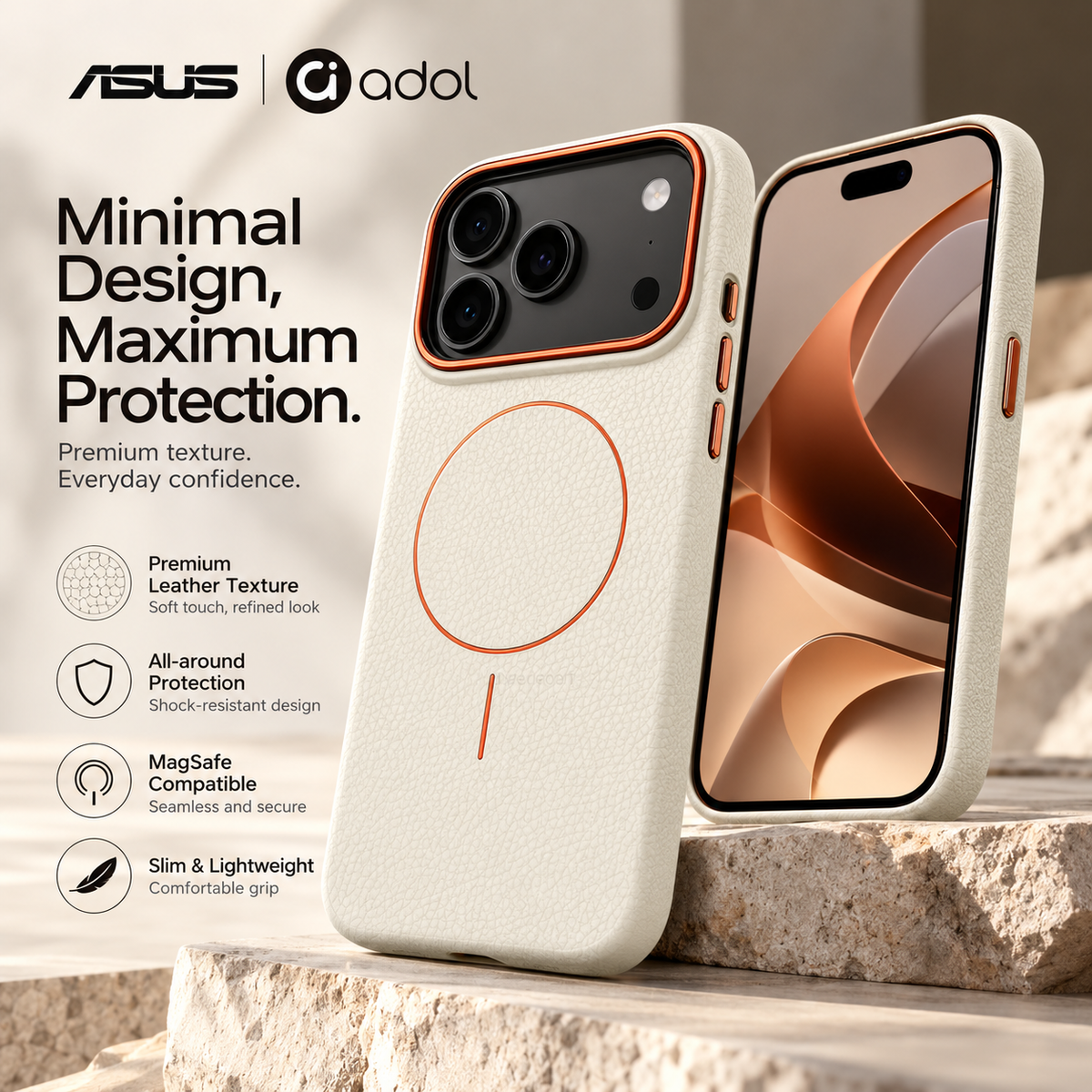 Minimal design, maximum protection — leather-grain MagSafe case with raised camera frame