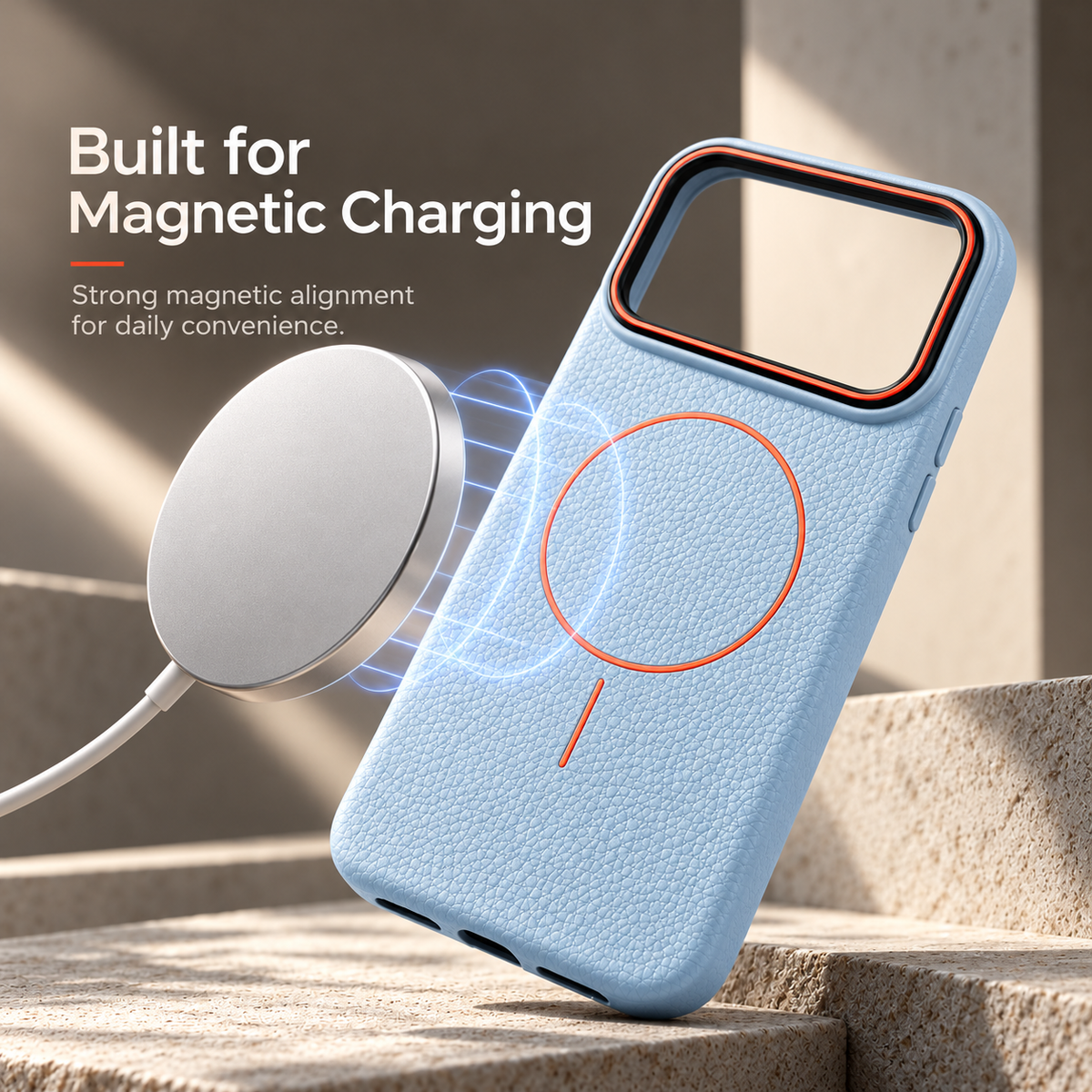 Built for magnetic charging — MagSafe charger aligning with the leather-grain case