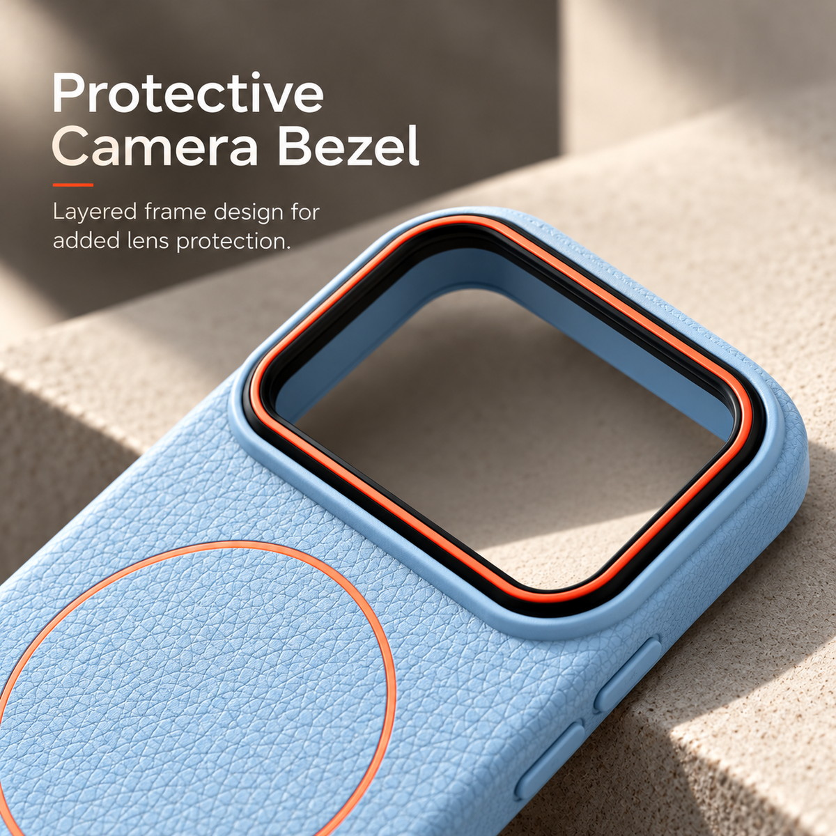 Protective camera bezel with a layered frame for lens protection
