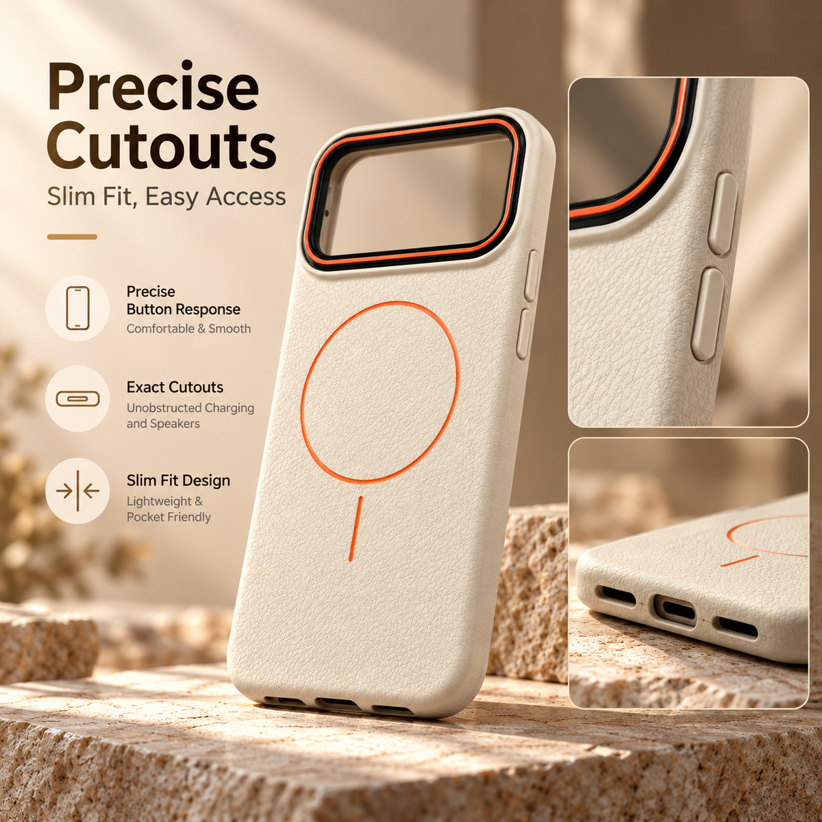 Precise cutouts, slim fit and easy access to charging and speakers