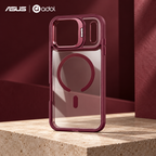 ASUS adol Metal Camera Magnetic Case in Burgundy — clear back, metal camera frame and fold-out stand