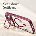 Fold-out metal camera stand — set it down and settle in for hands-free viewing