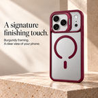 A signature finishing touch — burgundy framing with a clear view of your phone