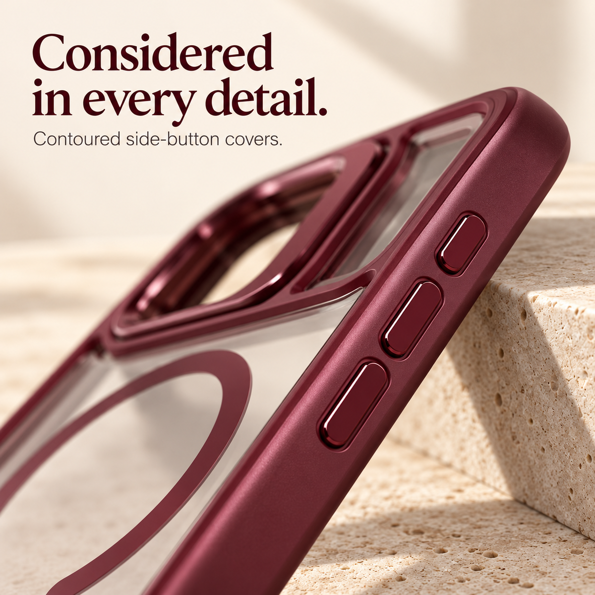 Considered in every detail — contoured side-button covers