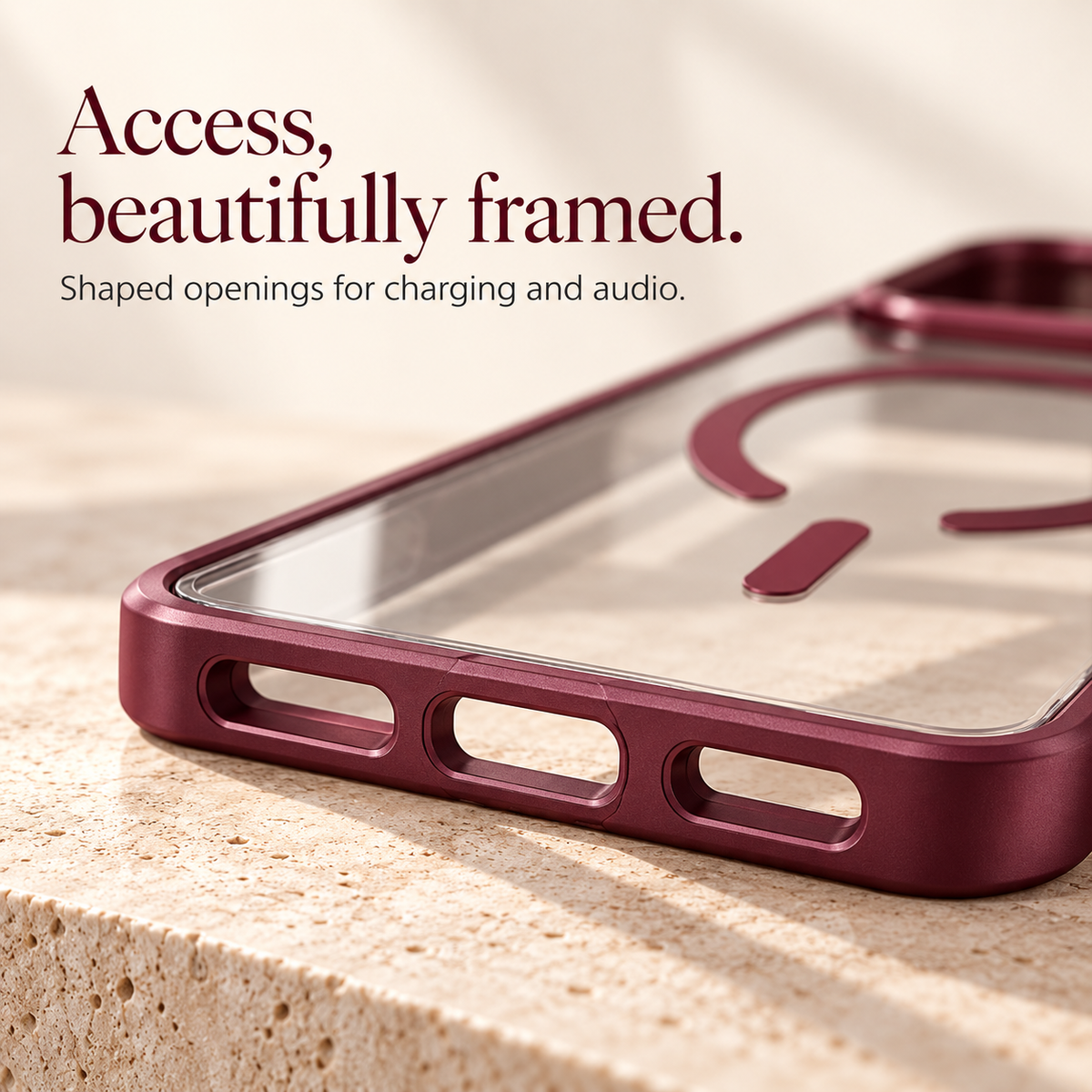 Access, beautifully framed — shaped openings for charging and audio